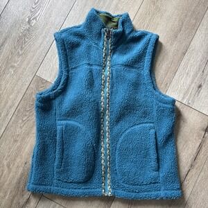 Vintage LL Bean Sherpa Fleece Vest Blue Teal  Full Zip Floral Trim Woman's M